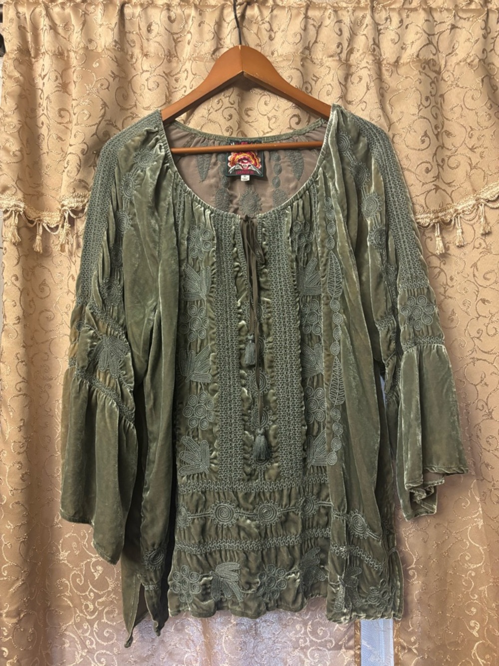 Johnny Was Olive Green Velvet Embroidered Flare Sleeves Tunic- XL
